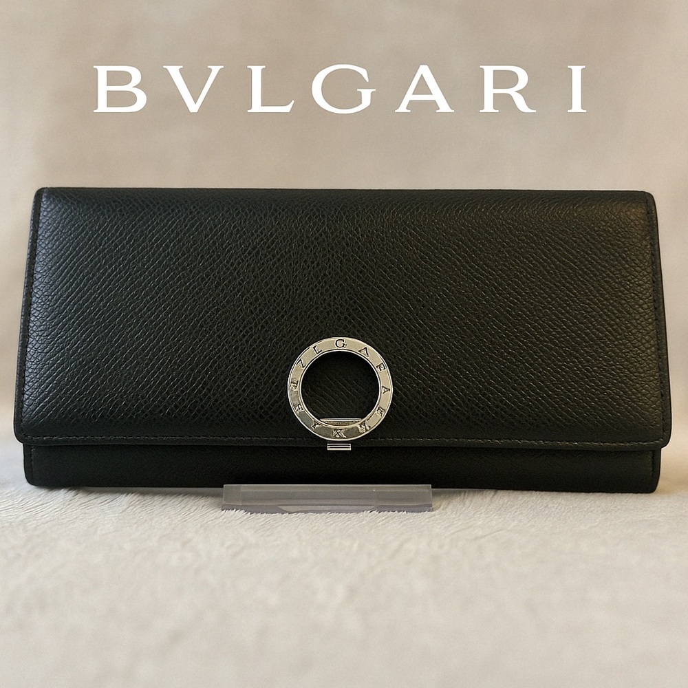 Bvlgari Authentic Long Clip Black Calf Leather Wallet Blue Lining EUC